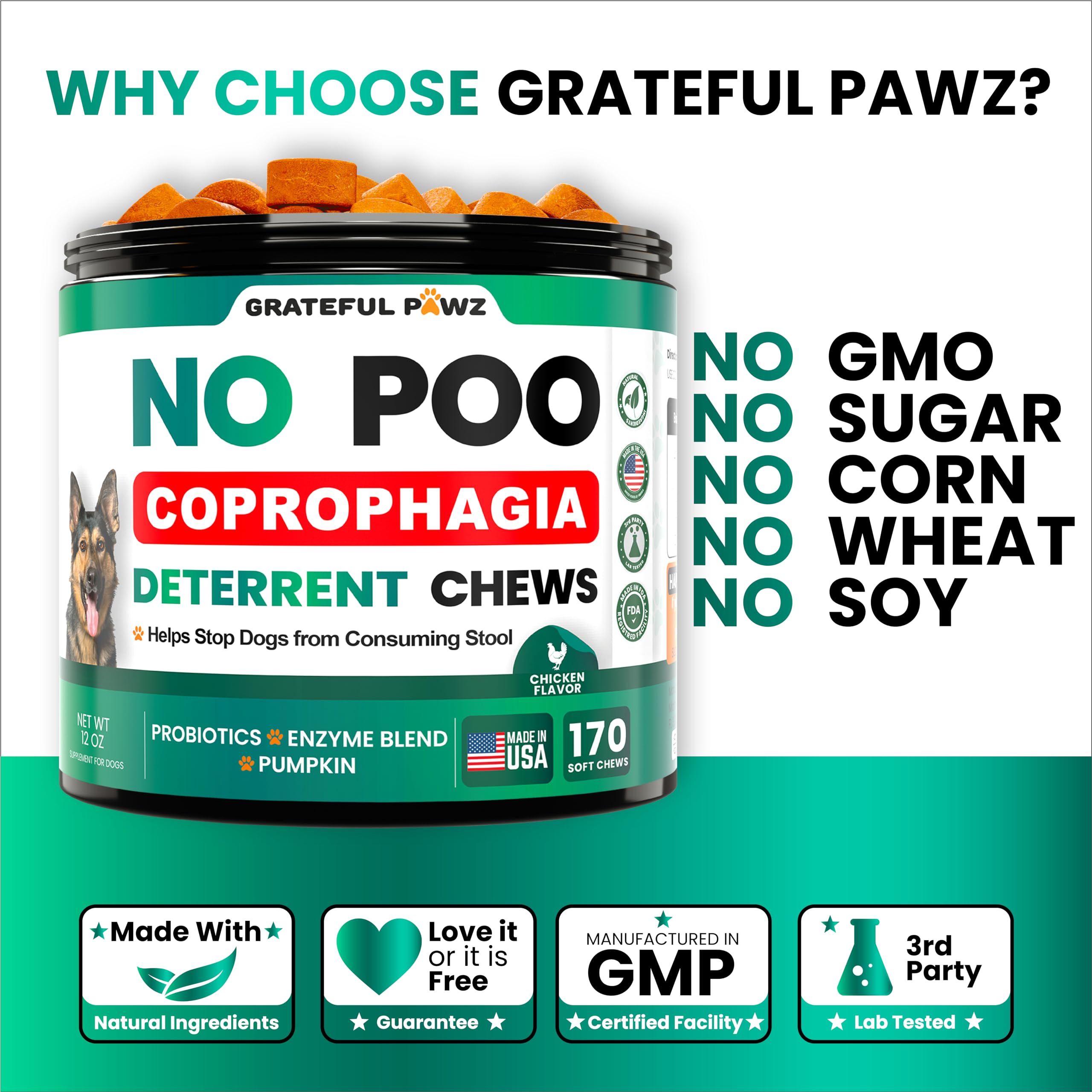 No Poo Chews for Dogs - 170 Chews - Coprophagia Stool Eating Deterrent for Dogs - Prevent Dog from Eating Poop - Stop Eating Poop for Dogs Supplement - Probiotics & Digestive Enzymes