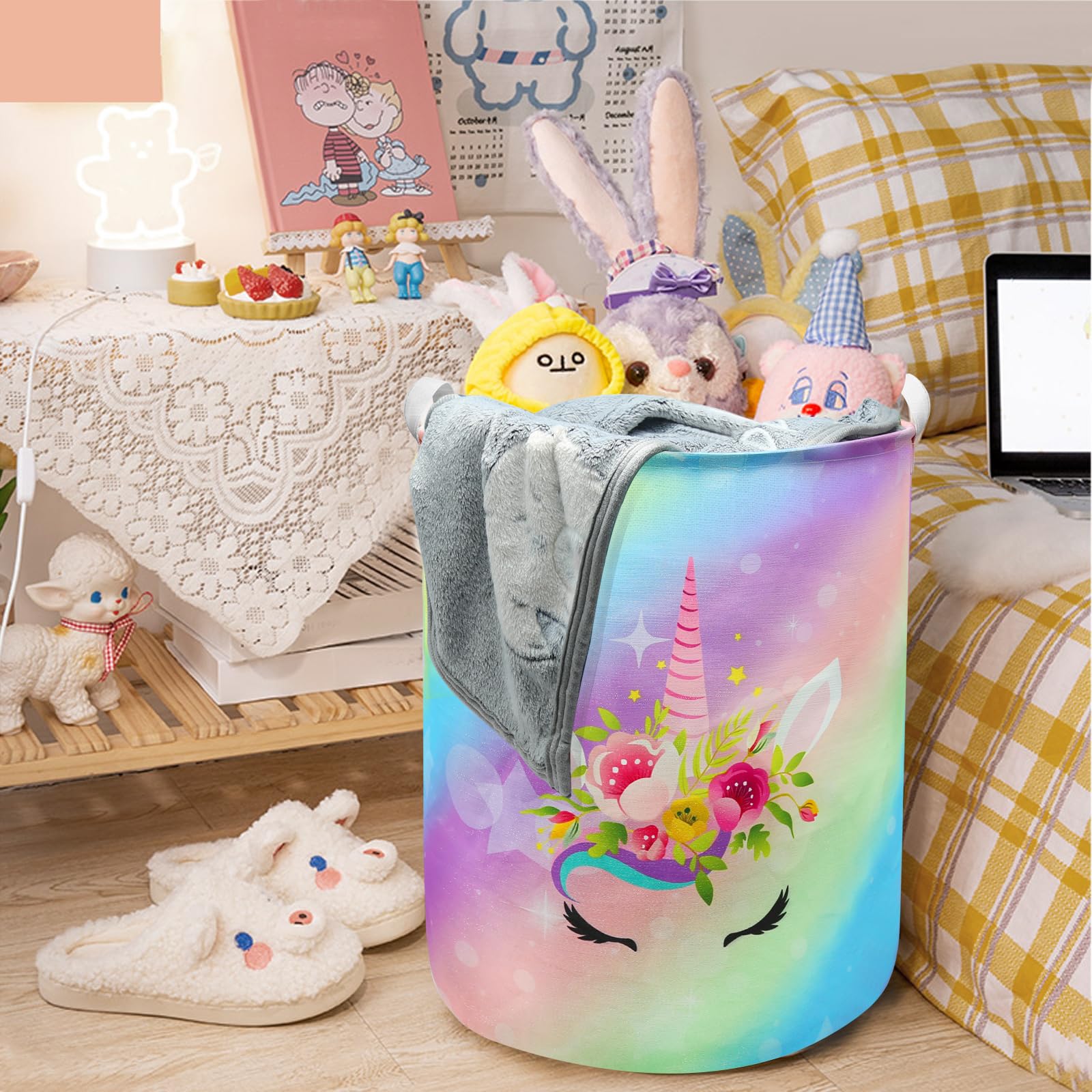 Aynaxcol Unicorn Laundry Basket Hamper Large Sized Round Storage Basket Waterproof Bin Collapsible Laundry Basket for Room Organizer, Bedroom Nursery Playroom Clothes (62.8L)