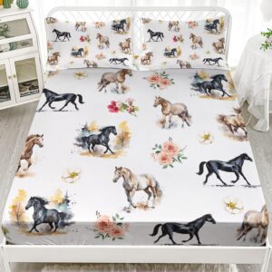 ailonen 3d horse fitted sheet set, galloping horse with flowers bed sheet set for kids boys queen size,farm animals bed sheet set,tie dye bedsheets set,3pcs,1 fitted sheet and 2 pillowcases