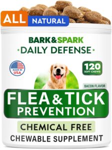 bark&spark natural flea and tick prevention chews for dogs - chewable tablets for dogs - all breeds and ages - made in usa flea and tick remover supplement - bacon - 120 treats