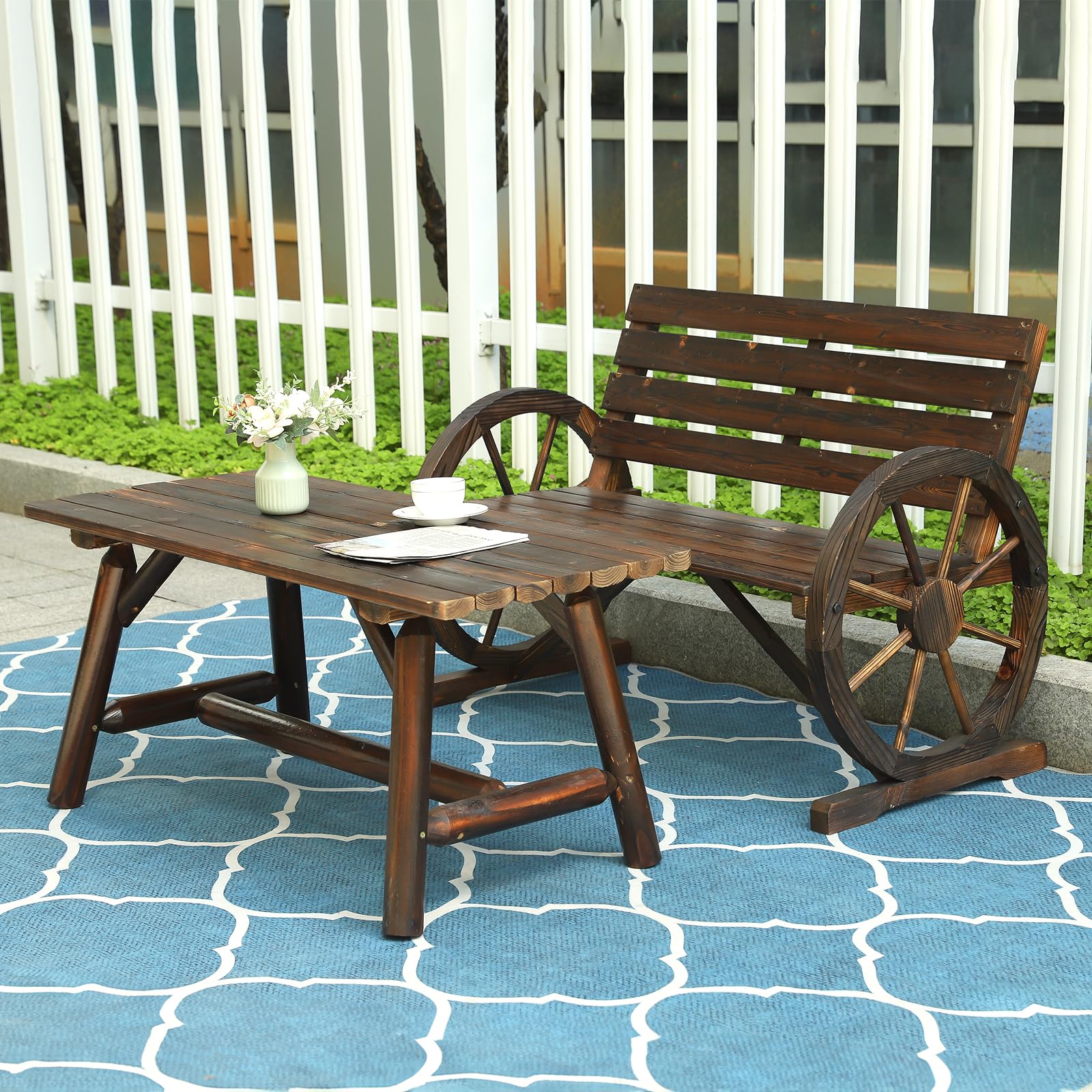 EPICOZY 2-Piece Wooden Wagon Wheel Bench Set with Coffee Table, 2-Person Rustic Wood Garden Bench W/Wagon Wheel Armrests & Slatted Backrest, Outdoor Patio Loveseat Furniture Set for Lawn Yard Park