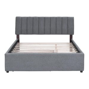 Brisca Queen Size Teddy Fleece Upholstered Platform Bed with Trundle and LED Light,Bed Frame W/Stripe Headboard,for Bedroom,Apartment,Guest Room,Gray