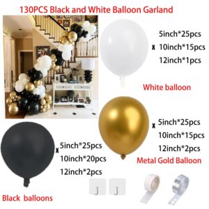 130pcs Black and Gold Balloon Garland Arch Kit, Black White Metallic Gold for 2024 Graduation Birthday Anniversary Wedding Mother's Day Father's Day Engagements Baby Shower Party Decorations