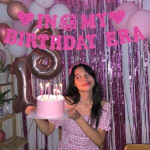 Pre-Strung In My Birthday Era Banner, NO-DIY Popular Singer Happy Birthday Banner Hot Pink Glitter Birthday Decorations Banner for Fans Girls Women Birthday Party