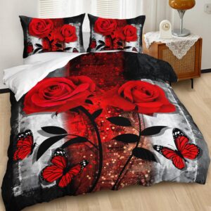 AILONEN Red Rose Duvet Cover Set King Size, Grey Retro Couple Rose Comforter Cover Set,3 Pieces Romantic Floral Butterfly Quilt Cover and 2 Pillowcases