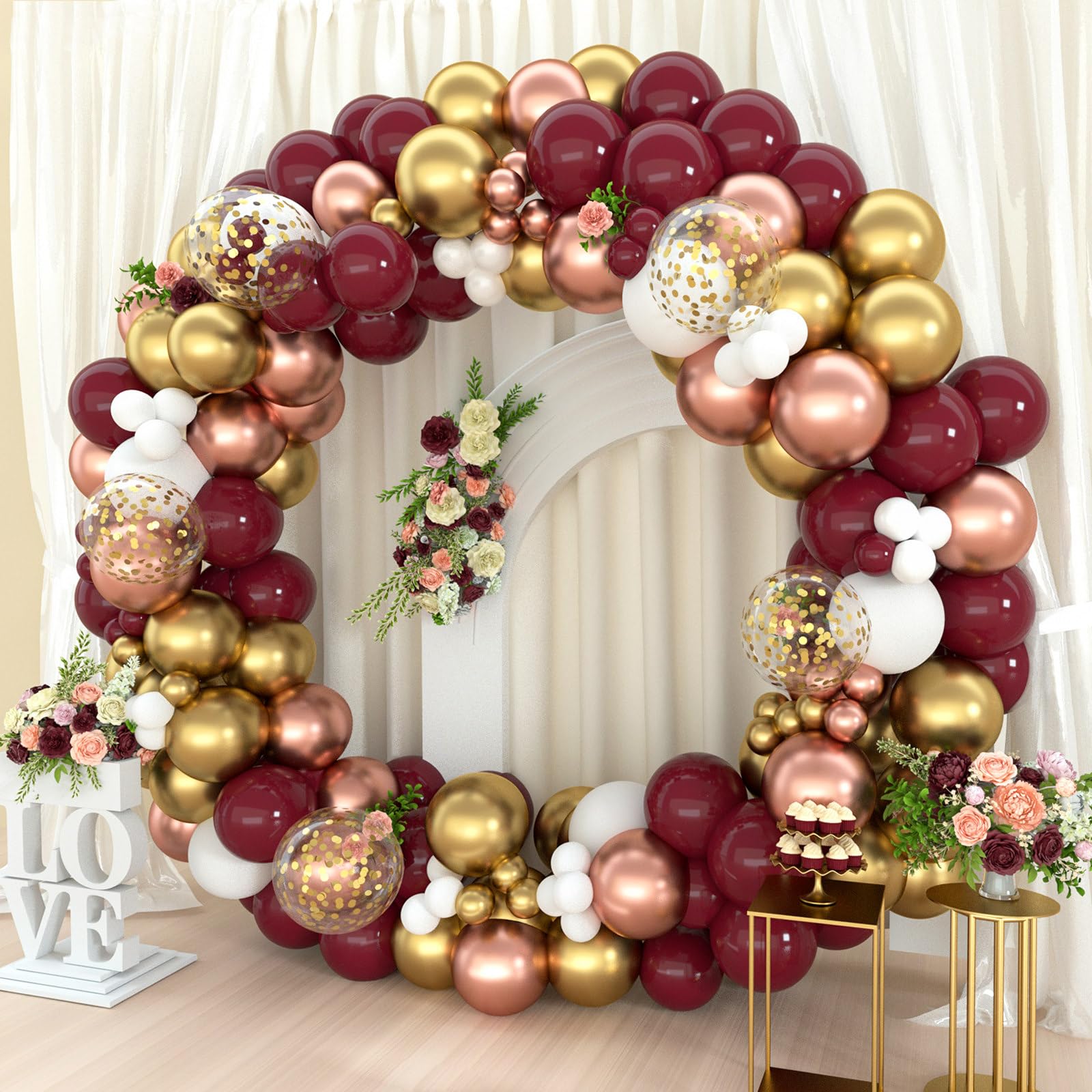 Burgundy Balloons Arch kits with Metallic Rose Gold and White Balloons for Wedding Valentines Day Women Birthday Bridal Baby Shower Wine Party Decorations