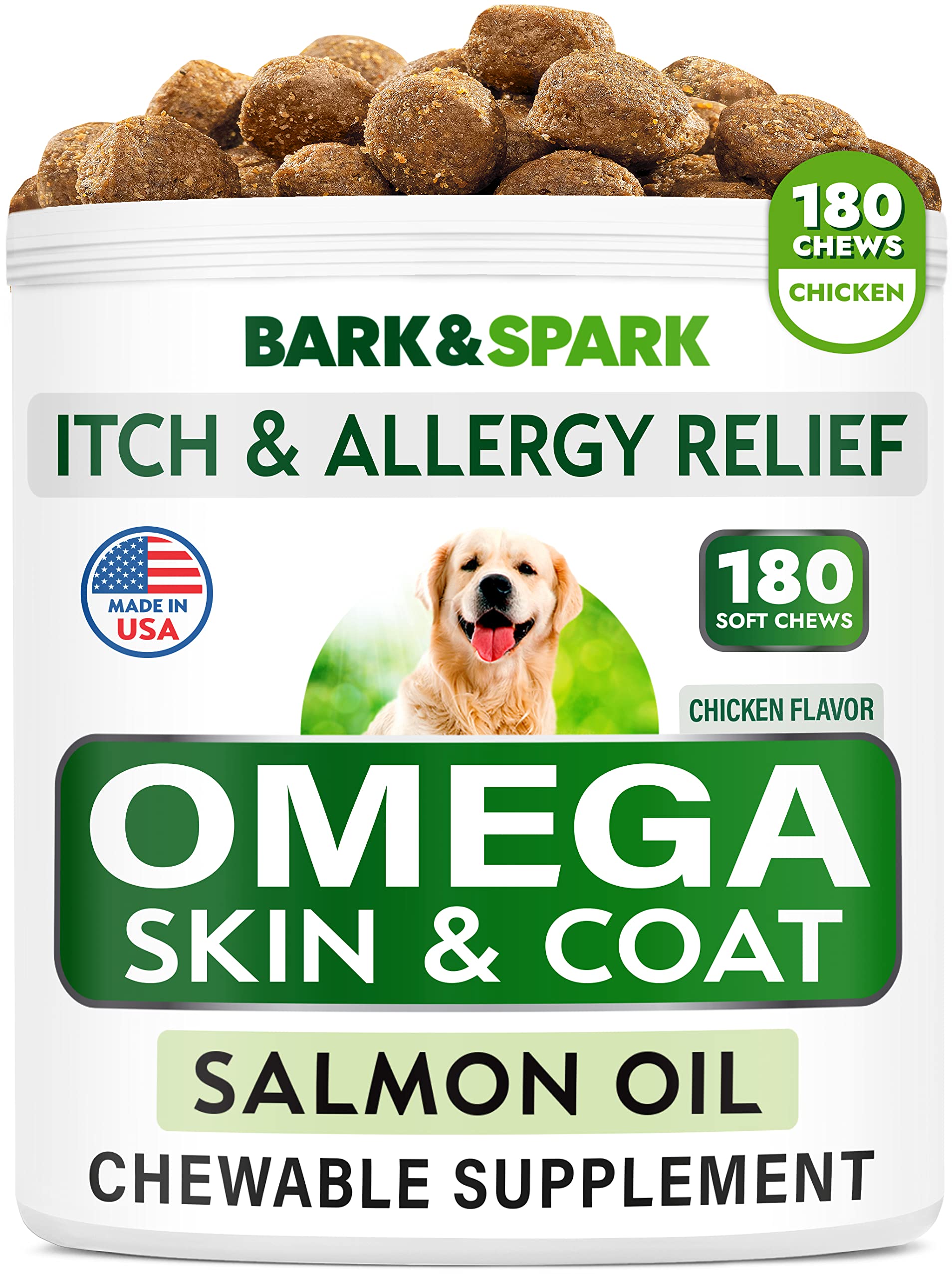 BARK&SPARK Omega 3 for Dogs - 160 Fish Oil Treats for Dogs - Skin and Coat Supplement - EPA & DHA Fatty Acids - Canine Salmon Oil - Anchovy