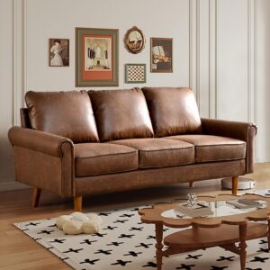 POUUIN Faux Leather 3 Seater Sofa Couches for Living Room,74" Mid Century Modern Deep Seat Sofas & Couches,Breathable Comfy Upholstered Couch for Bedroom Apartment Office (Dark Brown)