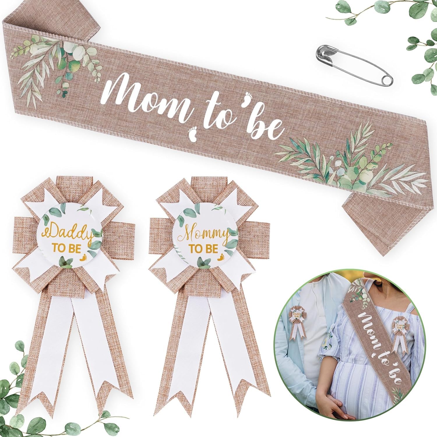 Neutral Burlap Mom to Be Sash Dad to Be Pin Baby Shower Decorations, Sage Green Mommy to Be Sash Baby Shower Pin Set for Gender Reveals Party Decorations for Pregnant Keepsake Gifts