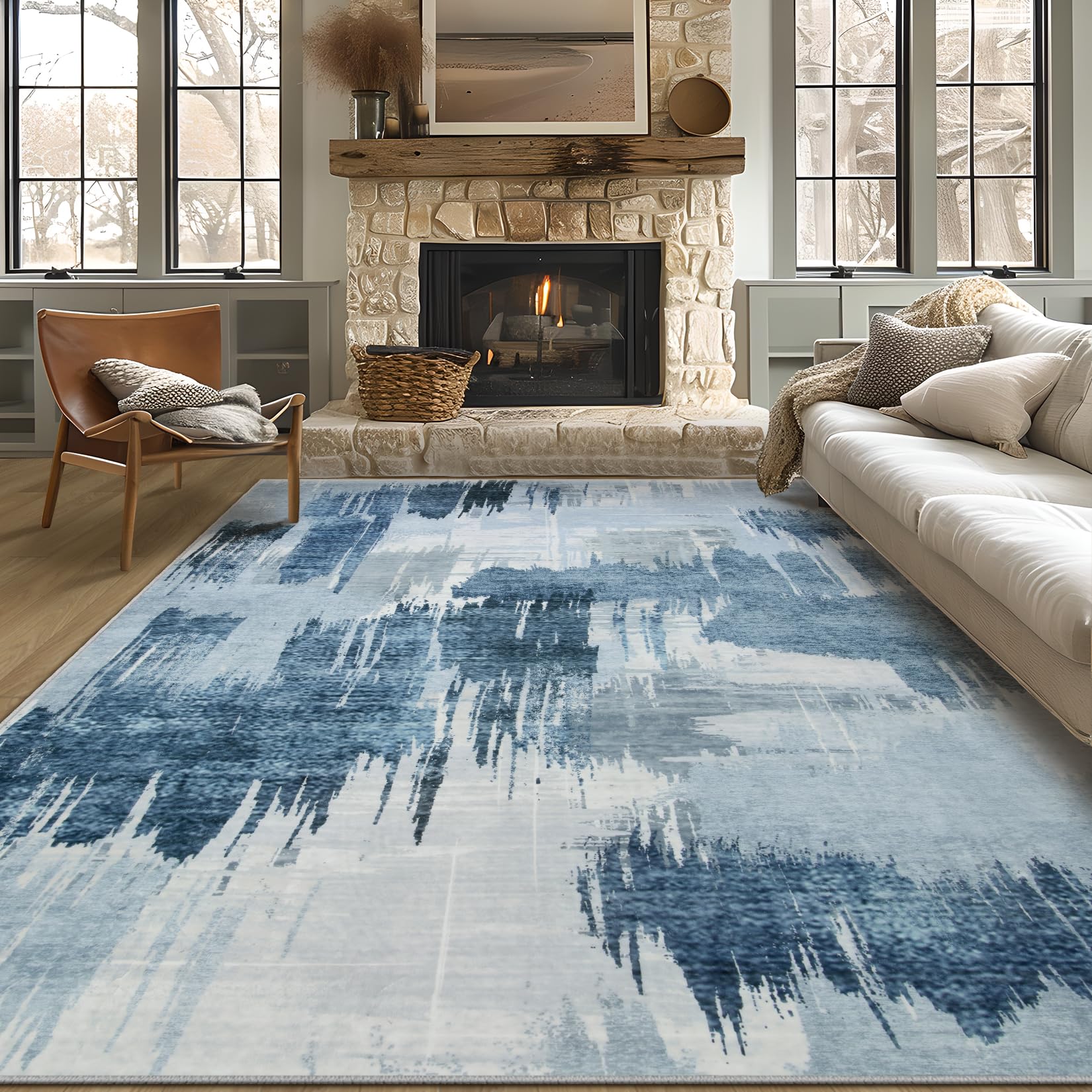 Area Rugs 9x12 Living Room: Large Abstract Living Room Rug with Non Slip Back Bedroom Rug Soft Indoor Floor Thin Carpet for Under Dining Table Stain Resistant Modern Rug for Nursery Home Office Blue