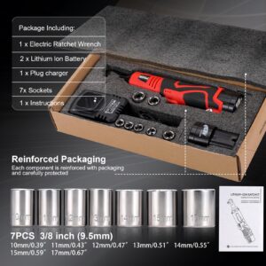 HORMY 3/8" Cordless Electric Ratchet Wrench Set, 33 Ft-Lbs 16.8V Battery Power Ratchet Tool Kit with Variable Speed Trigger, 2 Packs 2.0Ah Battery, Charger, 7 Sockets