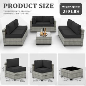 Kimunuk 7-Piece Outdoor Patio Furniture Set with 5" High-Resiliency Seat Cushions, Light Grey Gradient Wicker Sectional Sofa, Modular Wicker Patio Conversation Set, with Coffee Table-Grey/Black