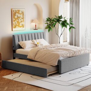 brisca queen size teddy fleece upholstered platform bed with trundle and led light,bed frame w/stripe headboard,for bedroom,apartment,guest room,gray