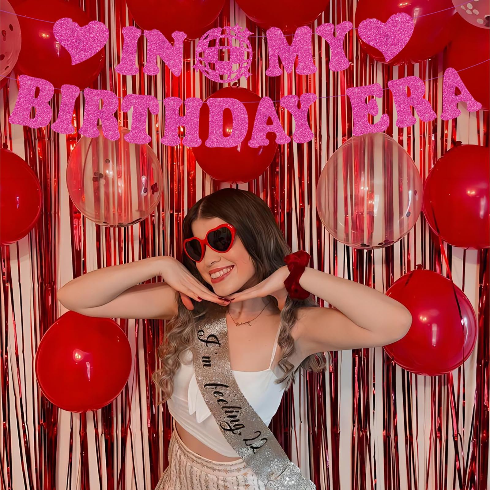 Pre-Strung In My Birthday Era Banner, NO-DIY Popular Singer Happy Birthday Banner Hot Pink Glitter Birthday Decorations Banner for Fans Girls Women Birthday Party