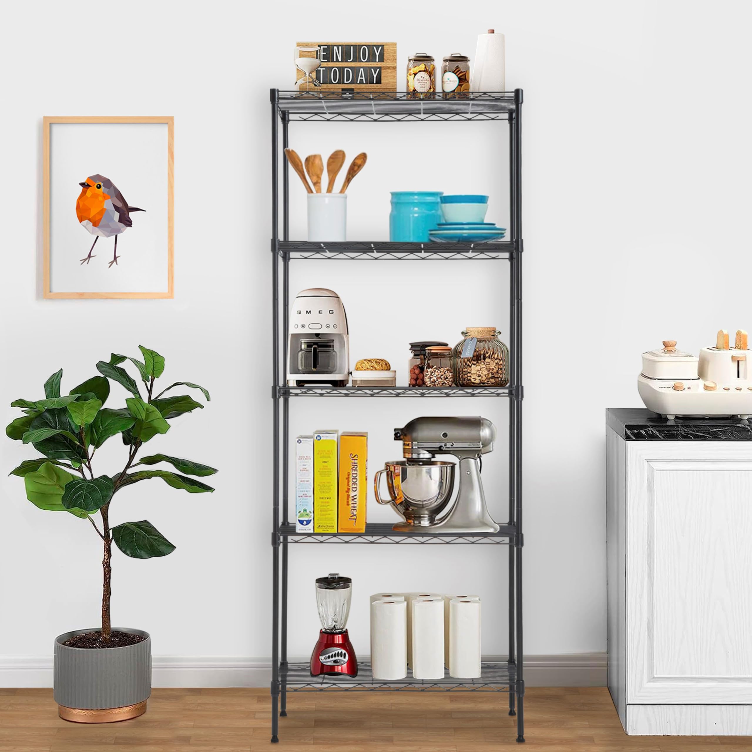 24/7 Shop at Home Nigel Industrial 5 Tier Wire Shelving Rack with Adjustable Shelves and NSF Certified, Metal Storage Shelves for Kitchen, Office, Garage, Basement, Laundry Room, Black