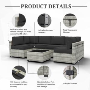 Kimunuk 7-Piece Outdoor Patio Furniture Set with 5" High-Resiliency Seat Cushions, Light Grey Gradient Wicker Sectional Sofa, Modular Wicker Patio Conversation Set, with Coffee Table-Grey/Black