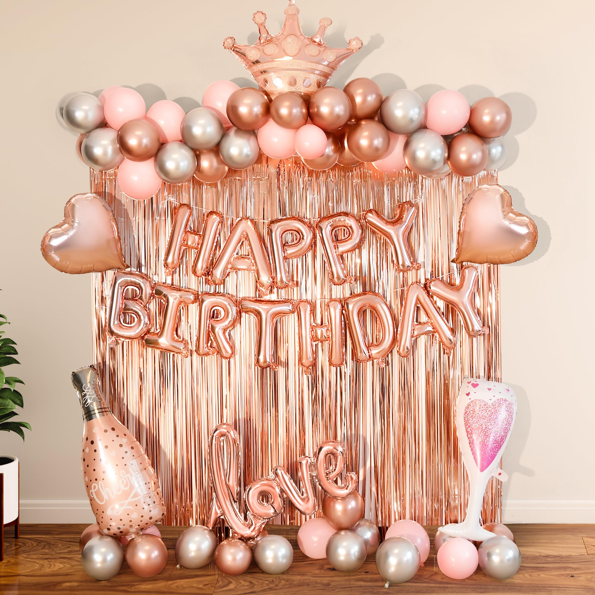 Rose Gold Birthday Decorations for Women, Girls Birthday Princess Party,Happy Birthday Banner,Pink Gold Bachelor Party Balloon Happy Birthday Decoration Party Supplies (rose gold)