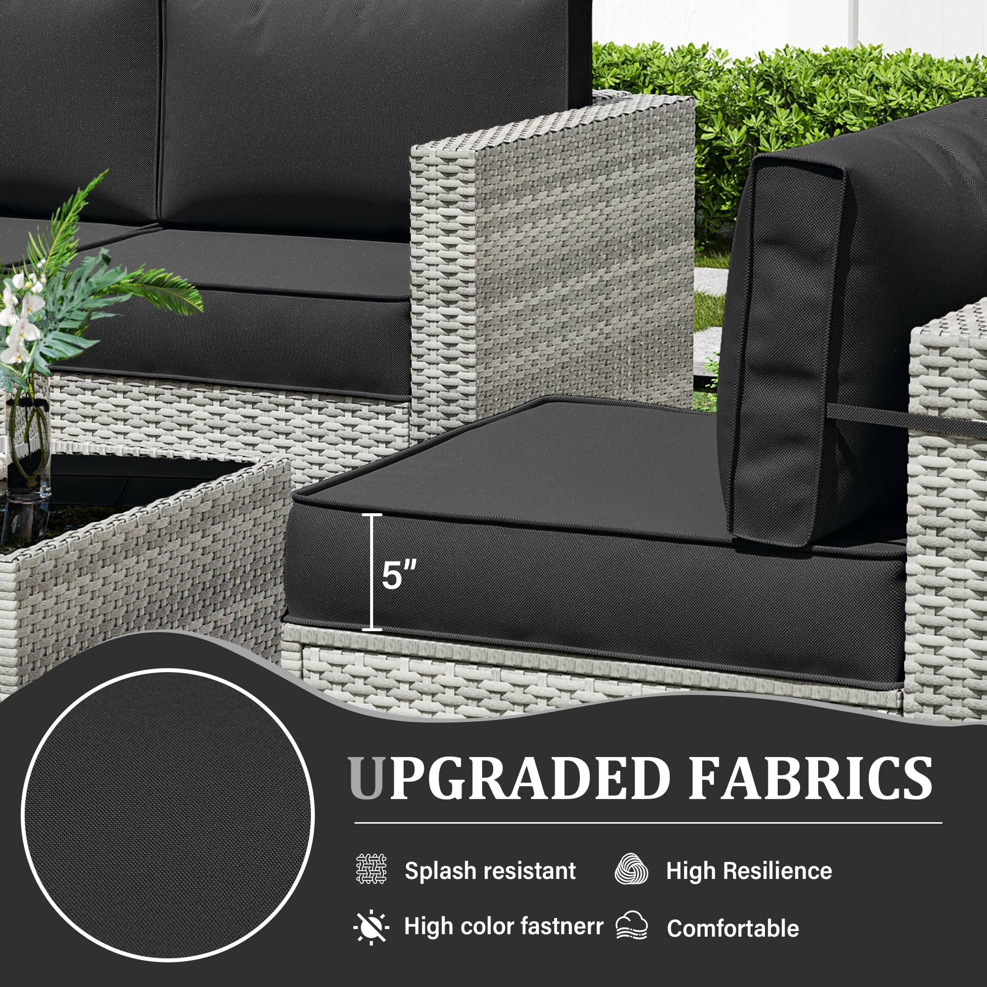 Kimunuk 7-Piece Outdoor Patio Furniture Set with 5" High-Resiliency Seat Cushions, Light Grey Gradient Wicker Sectional Sofa, Modular Wicker Patio Conversation Set, with Coffee Table-Grey/Black