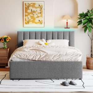 Brisca Queen Size Teddy Fleece Upholstered Platform Bed with Trundle and LED Light,Bed Frame W/Stripe Headboard,for Bedroom,Apartment,Guest Room,Gray