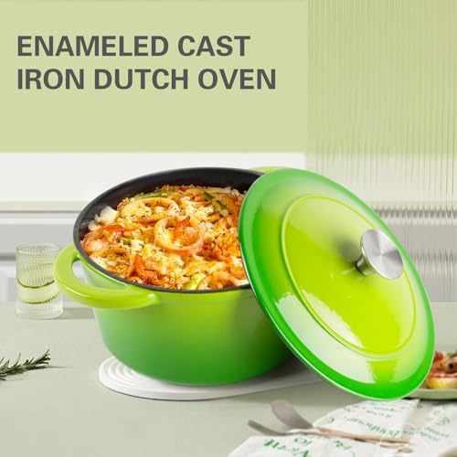 2.6 ​QT Enameled Dutch Oven Pot with Lid, Cast Iron Dutch Oven with Dual Handles for Bread Baking, Cooking, Non-stick Enamel Coated Cookware (Apple Green)