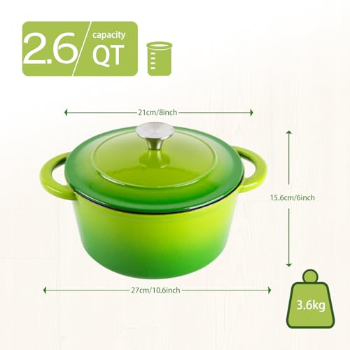 2.6 ​QT Enameled Dutch Oven Pot with Lid, Cast Iron Dutch Oven with Dual Handles for Bread Baking, Cooking, Non-stick Enamel Coated Cookware (Apple Green)