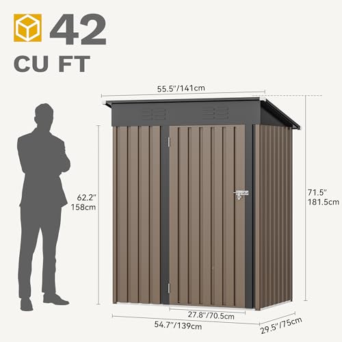 DWVO Metal Outdoor Storage Shed 5x3ft, Lockable Tool Sheds Storage with Air Vent for Garden, Patio, Lawn to Store Garbage Can, Lawnmower, Brown