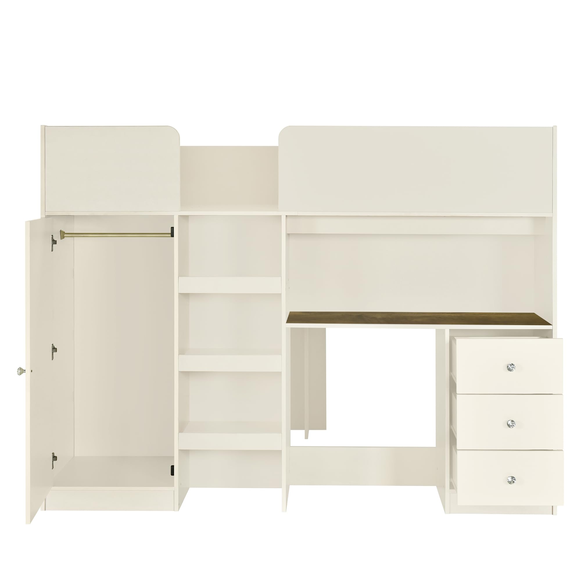 Wood Full Size Loft Bed with Built-in Wardrobe, Desk, Storage Shelves and Drawers,for Kids Teens Adults Bedroom