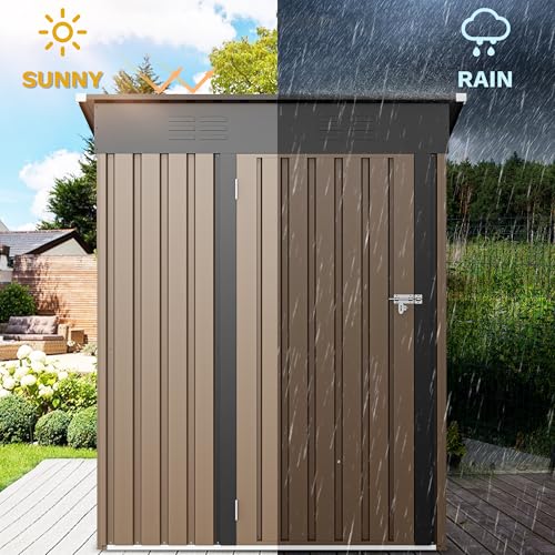 DWVO Metal Outdoor Storage Shed 5x3ft, Lockable Tool Sheds Storage with Air Vent for Garden, Patio, Lawn to Store Garbage Can, Lawnmower, Brown