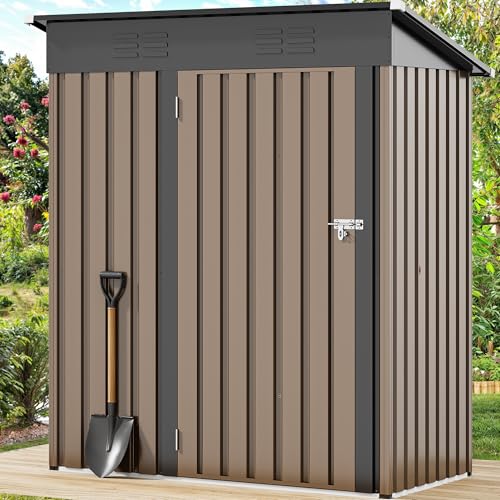 DWVO Metal Outdoor Storage Shed 5x3ft, Lockable Tool Sheds Storage with Air Vent for Garden, Patio, Lawn to Store Garbage Can, Lawnmower, Brown