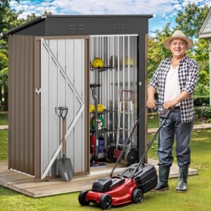 DWVO Metal Outdoor Storage Shed 5x3ft, Lockable Tool Sheds Storage with Air Vent for Garden, Patio, Lawn to Store Garbage Can, Lawnmower, Brown