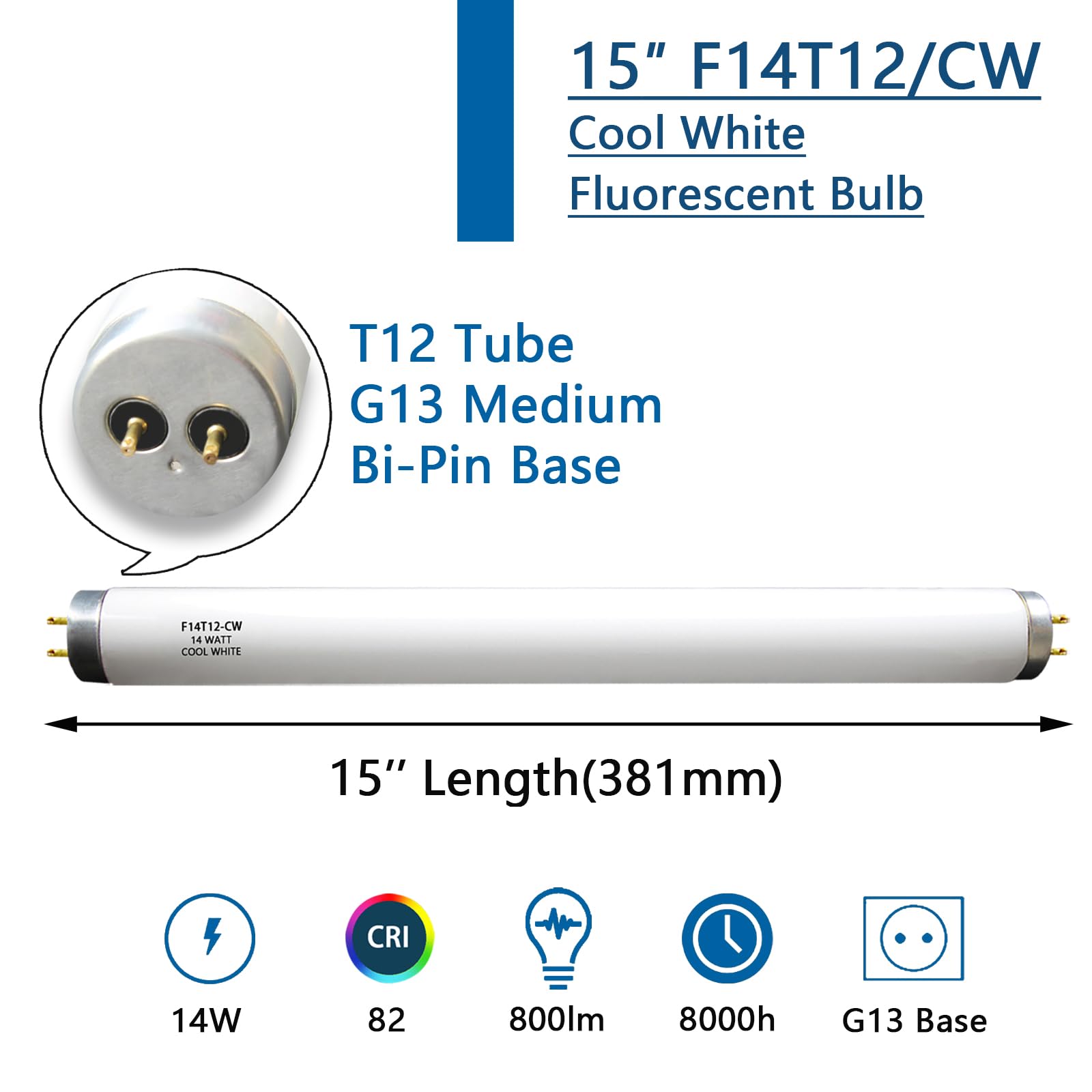 F14T12 CW 15 Inch 14 Watt T12 Cool White Fluorescent Bulb,Replacement for Philips 141507,Sylvania,SATCO S26561,T12 Linear Tube,G13 Base,4100K 3 Pack