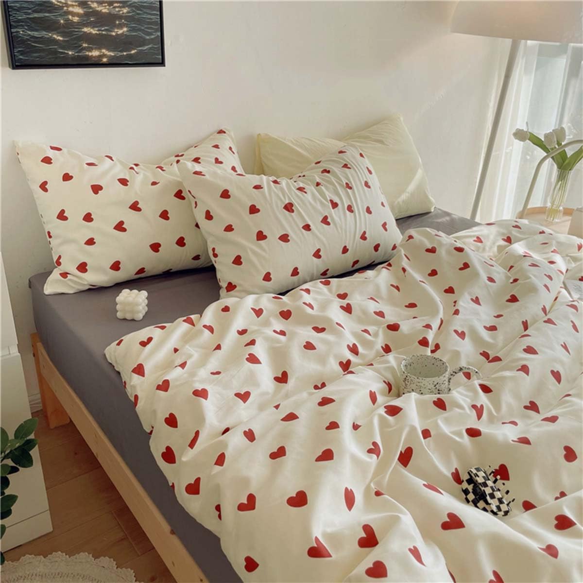 Nayoroom Heart Duvet Cover Queen Size Cute Red Love Heart Printed on White Bedding Set 2Pcs Kids Girls Kawaii Heart-Shaped Pattern Comforter Cover with Zipper Closure Soft Breathable Microfiber