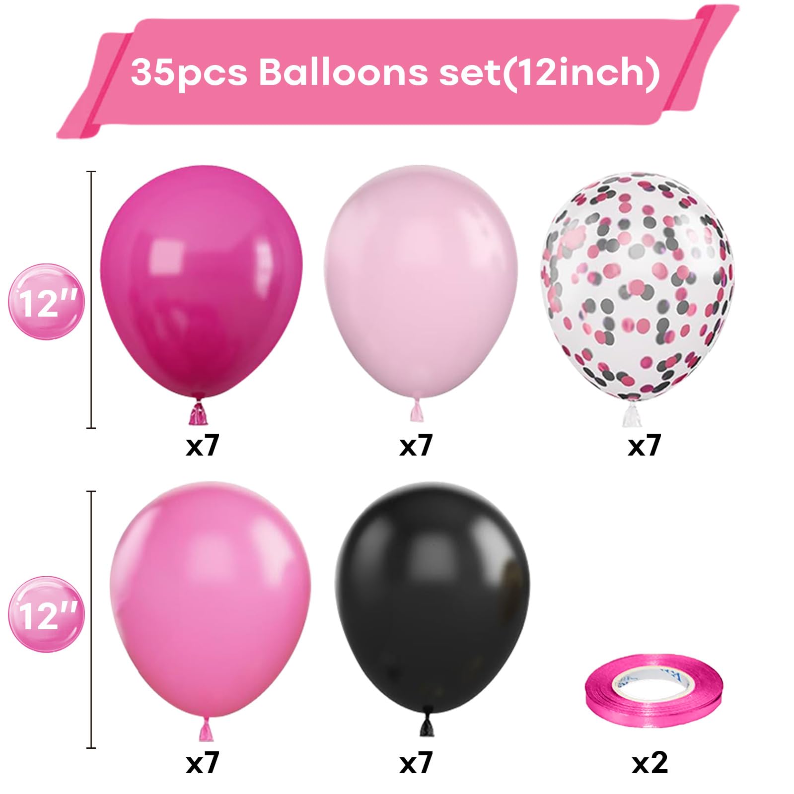 Pink and Black Balloons, 12 Inch Hot Pink Pastel Pink Black Balloon with Black Pink Confetti Balloons for Girls Women Birthday Baby Bridal Shower Wedding Mouse Theme Party Decoration