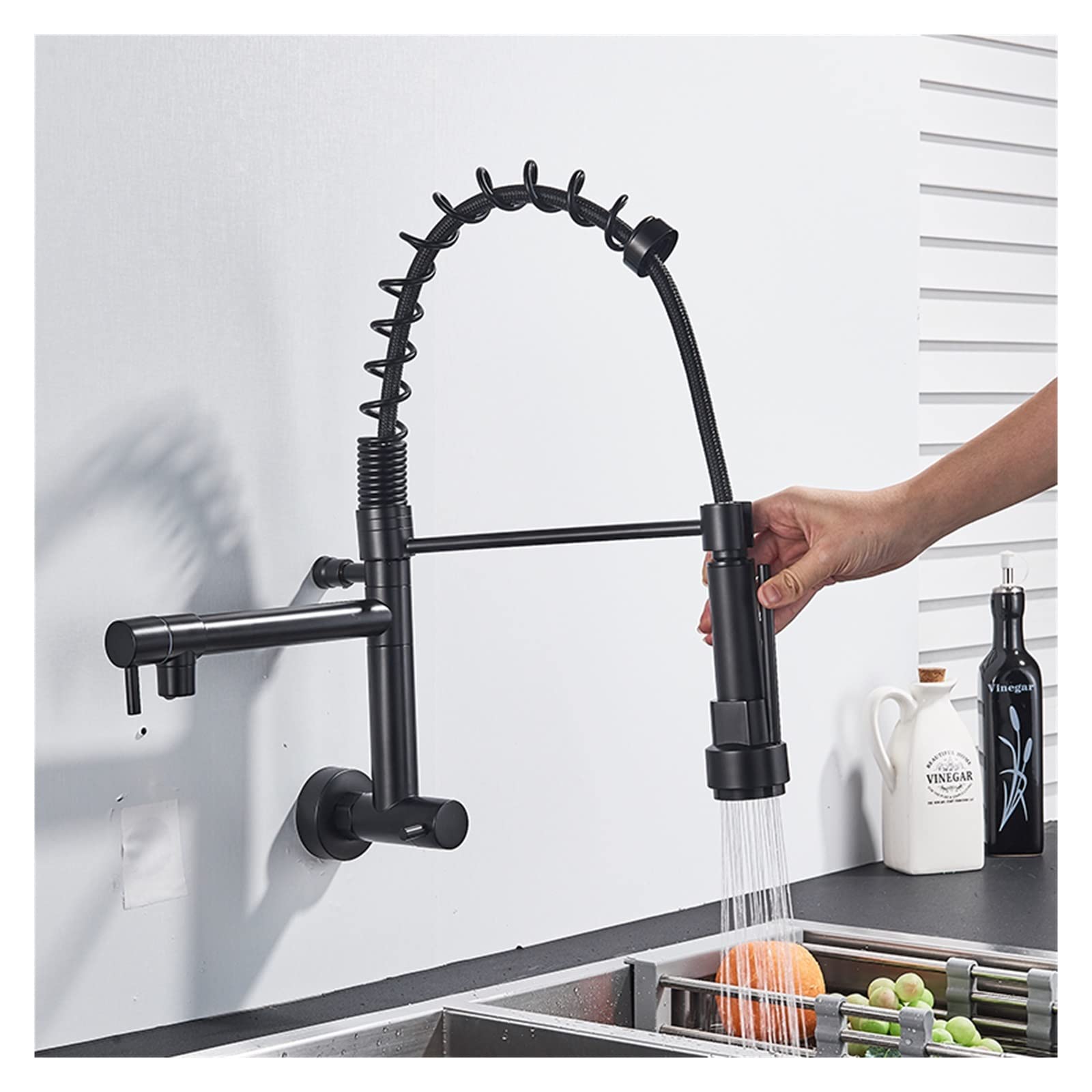 ZCERA Matte Black Spring Kitchen Faucet Pull Down Sprayer Single Cold Water Mixer Wall Mounted Faucet 360 Rotation Kitchen Faucets (Color : Brushed Nickel)