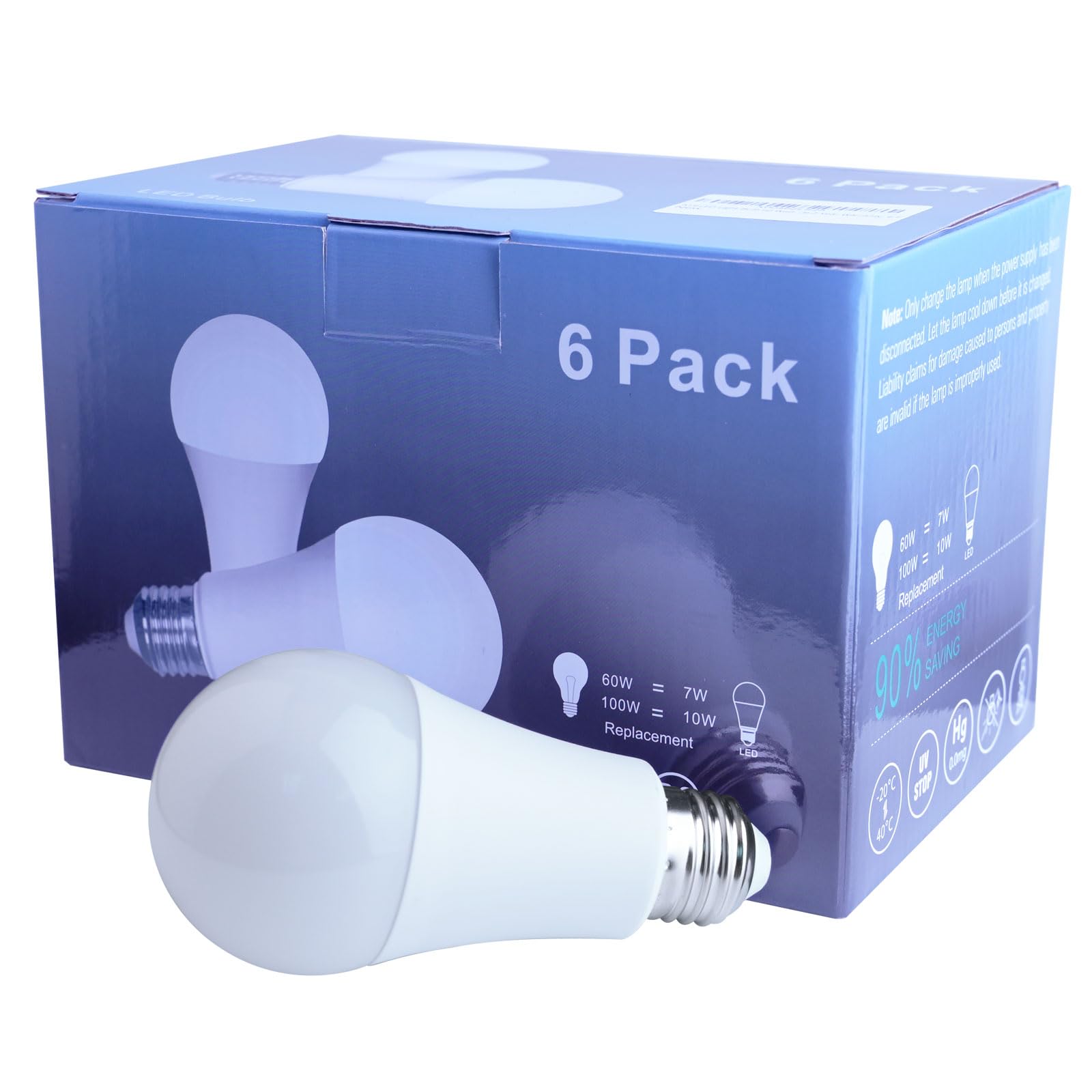 A19 LED Light Bulb - 60 Watt Equivalent, Daylight White 6000K, 800 Lumens 10W LED Bulbs Bright, Non-dimmable, 6-Pack