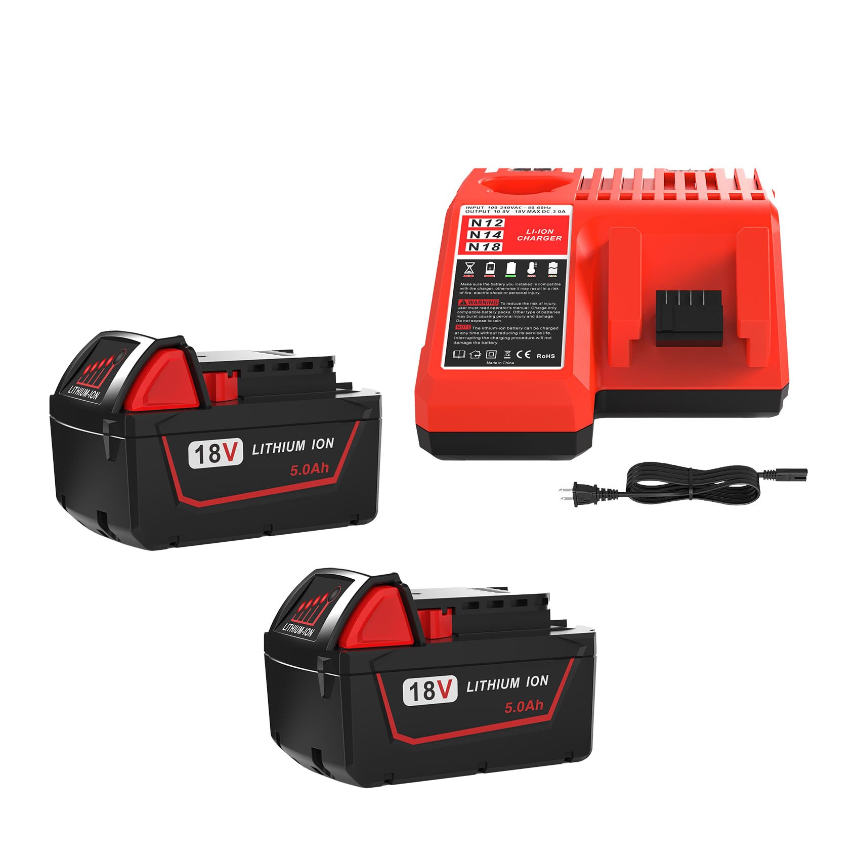 2 Pack 5.0Ah Replacement for Milwaukee M18 Lithium ion Battery 48-11-1850 and Charger Combo, Compatible with Milwaukee M18 Cordless Power Tools 18V Lithium Battery, and Milwaukee 18V Battery Charger