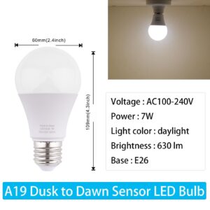 Dusk to Dawn LED Outdoor Light Bulb, 60 Watt Equivalent, 630 Lumen Energy Efficient 7W LED Daylight White, Auto on/Off, Photocell Sensor Light Bulbs, 3-Pack