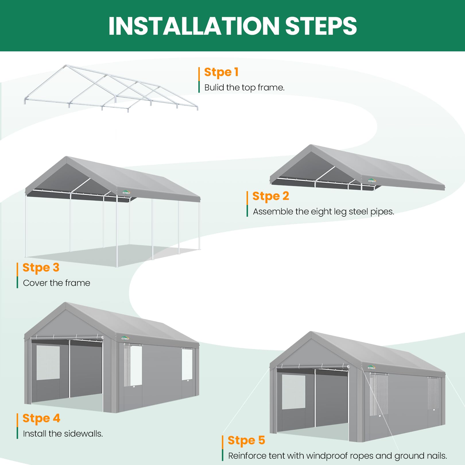 COBIZI Carports 10x20 Heavy Duty Car Canopy Garage with Roll-Up Ventilation Windows & Doors, Removable Sidewalls Portable Carport Canopy Waterproof with Built-in Sandbags for Cars, Boats, Trucks, Gray