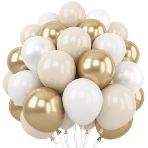 white and gold balloons, 12 inch white sand gold metallic latex balloons, beige gold party balloons for boho birthday baby shower engagement wedding anniversary party decorations