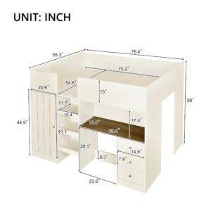 Wood Full Size Loft Bed with Built-in Wardrobe, Desk, Storage Shelves and Drawers,for Kids Teens Adults Bedroom