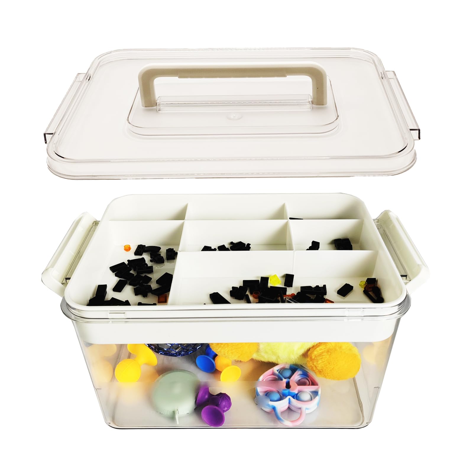 13-Inch Arts and Crafts Organizer Storage with Removable Plastic Storage Boxes Bin with Handle Container Latching Organization for Legos,Stationery,Beads,Playdoh Supplies Clear white