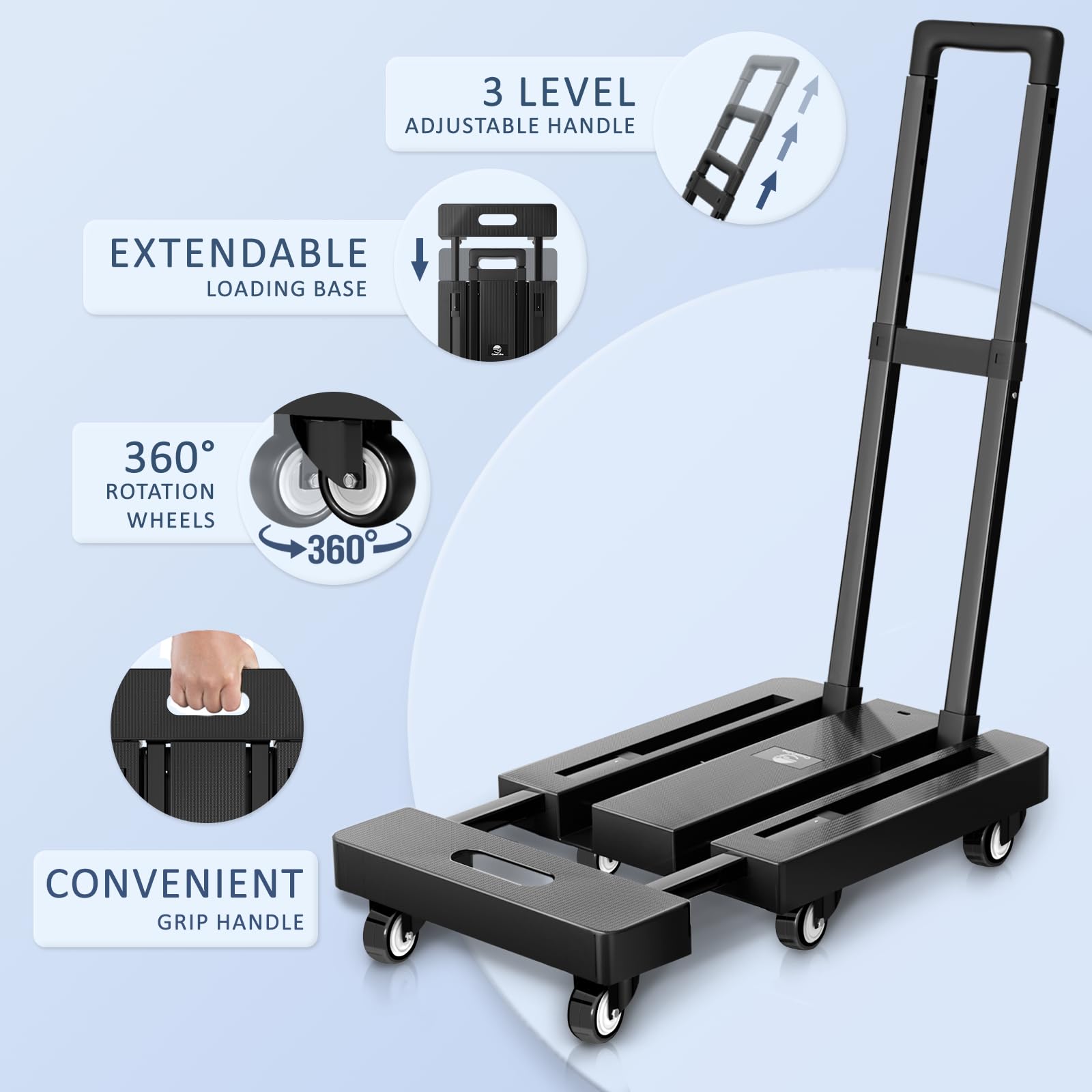 CasaCulina Folding Hand Truck, 500 LB Heavy Duty Folding Truck Dolly Cart, Portable Extendable Base Collapsible Luggage Cart with 6 Wheels & 2 Elastic Ropes for Moving Travel Shopping Airport Office