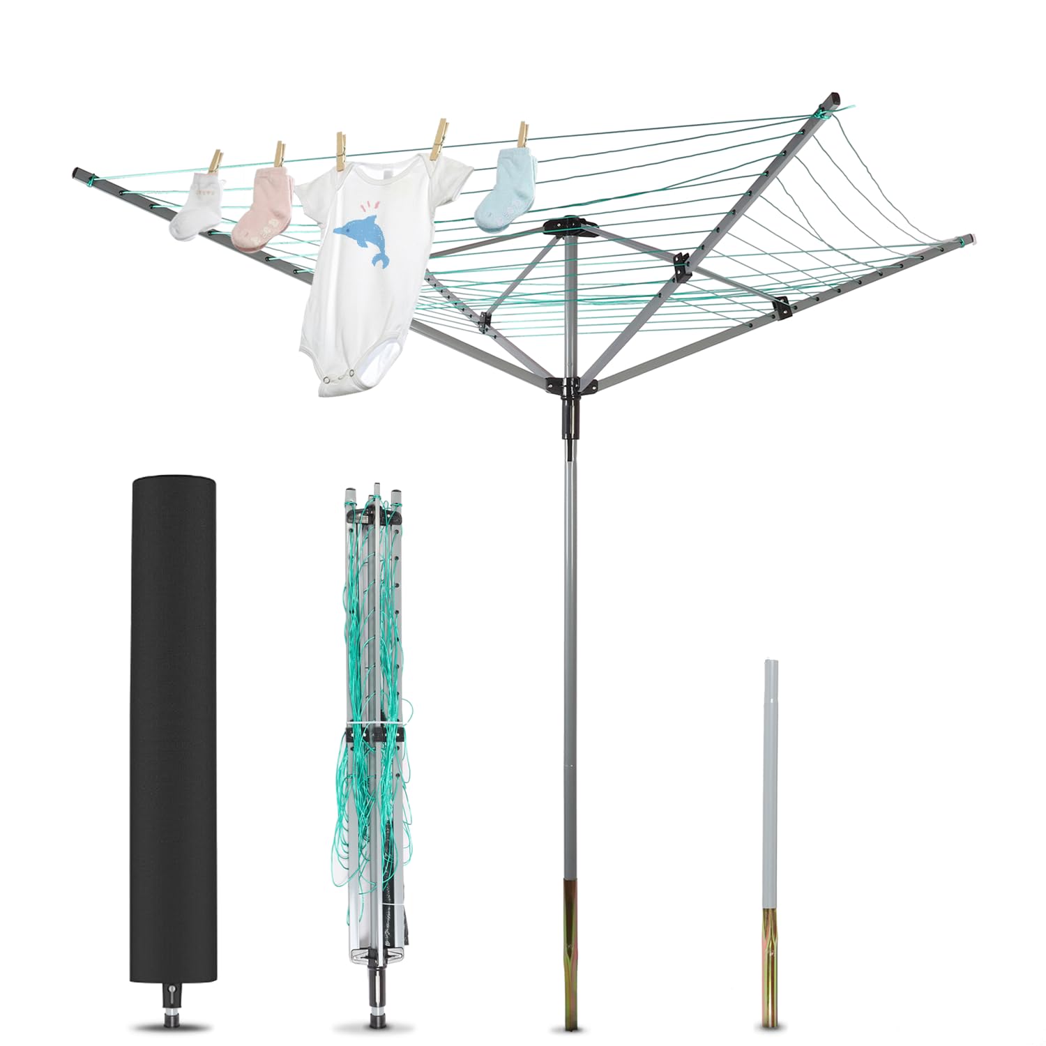 ISXACFF Rotary Outdoor Umbrella Drying Rack Umbrella Clothesline Rotary Dryers Clothes Line 4 Arms Height Adjustable Foldable Retracting 12 Lines with 165ft Clothesline