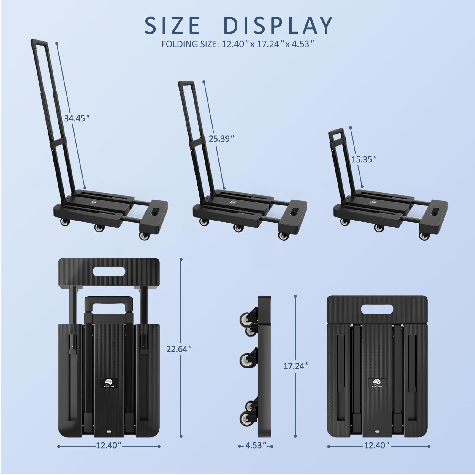 CasaCulina Folding Hand Truck, 500 LB Heavy Duty Folding Truck Dolly Cart, Portable Extendable Base Collapsible Luggage Cart with 6 Wheels & 2 Elastic Ropes for Moving Travel Shopping Airport Office