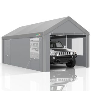 cobizi carports 10x20 heavy duty car canopy garage with roll-up ventilation windows & doors, removable sidewalls portable carport canopy waterproof with built-in sandbags for cars, boats, trucks, gray