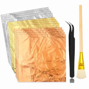 gold leaf sheets for art, 3 colors 150 sheets gold foil sheets for diy crafts decor,painting, resin, nails, gilding craft, bronzing, furniture- gold, silver, rose gold foil sheets with tweezer & brush