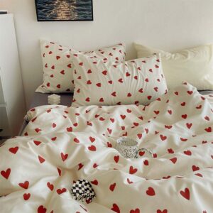 nayoroom heart duvet cover queen size cute red love heart printed on white bedding set 2pcs kids girls kawaii heart-shaped pattern comforter cover with zipper closure soft breathable microfiber