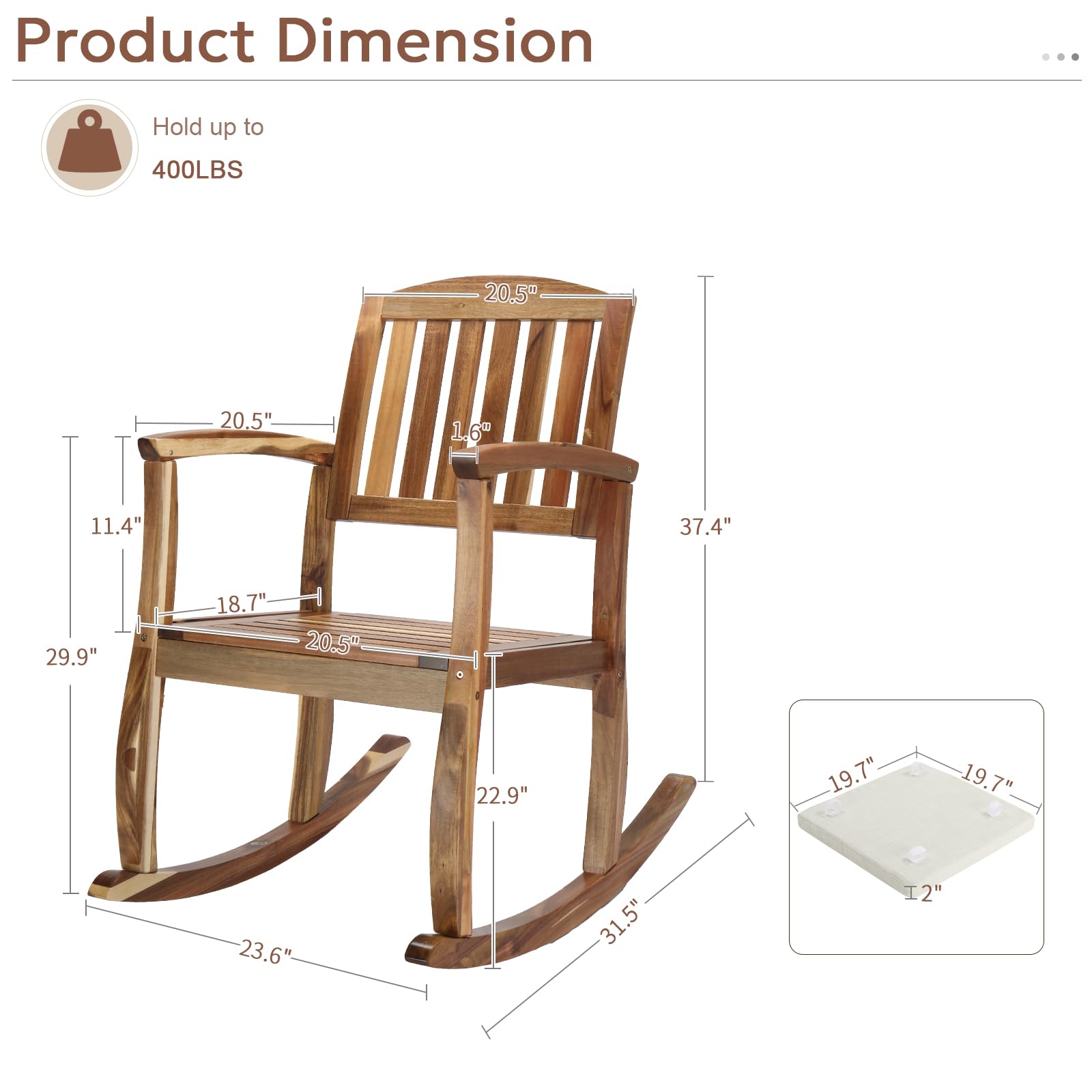 VINGLI Acacia Patio Rocking Chair with Cushions, Outdoor Wooden Rocker Support 400 LBS for Indoors & Outdoors, 2 Pack