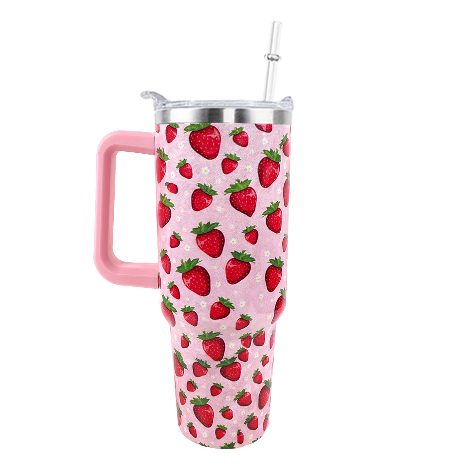 WENININOK Strawberry Cup 40 OZ Tumbler with Handle and Straw Lid Leak Proof - Strawberry Travel Coffee Mug with Handle Insulated for Hot Cold Ice - Birthday Gifts for Women Stainless Steel Cup