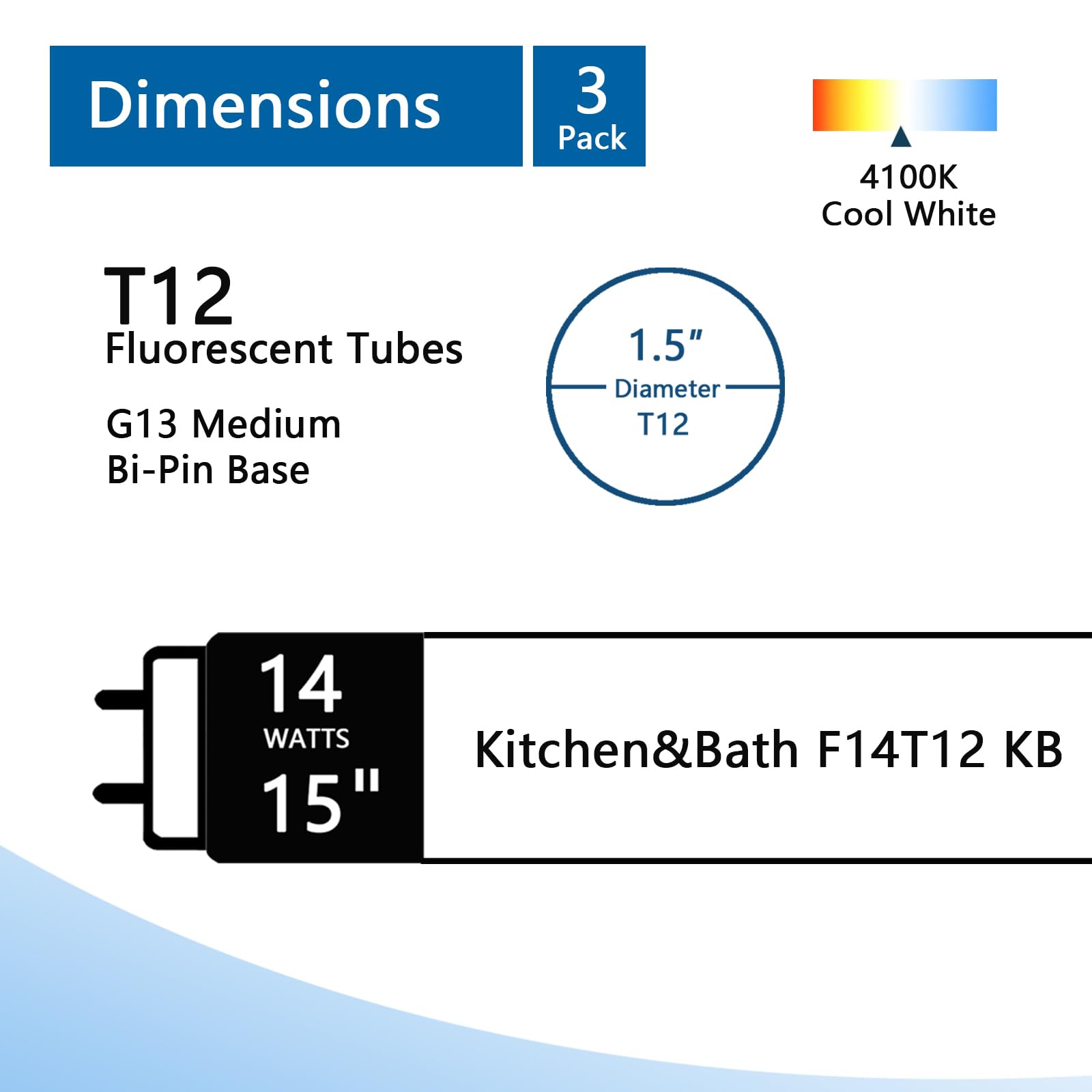 F14T12 CW 15 Inch 14 Watt T12 Cool White Fluorescent Bulb,Replacement for Philips 141507,Sylvania,SATCO S26561,T12 Linear Tube,G13 Base,4100K 3 Pack